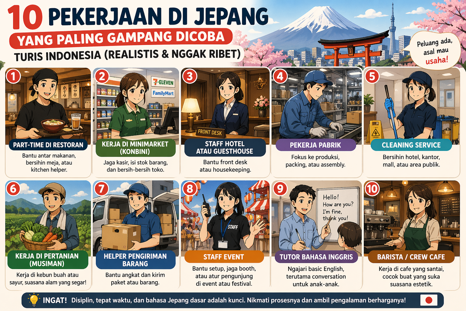 10 Pekerjaan di Jepang yang Paling Gampang Dicoba Turis Indonesia Realistis & Nggak Ribet